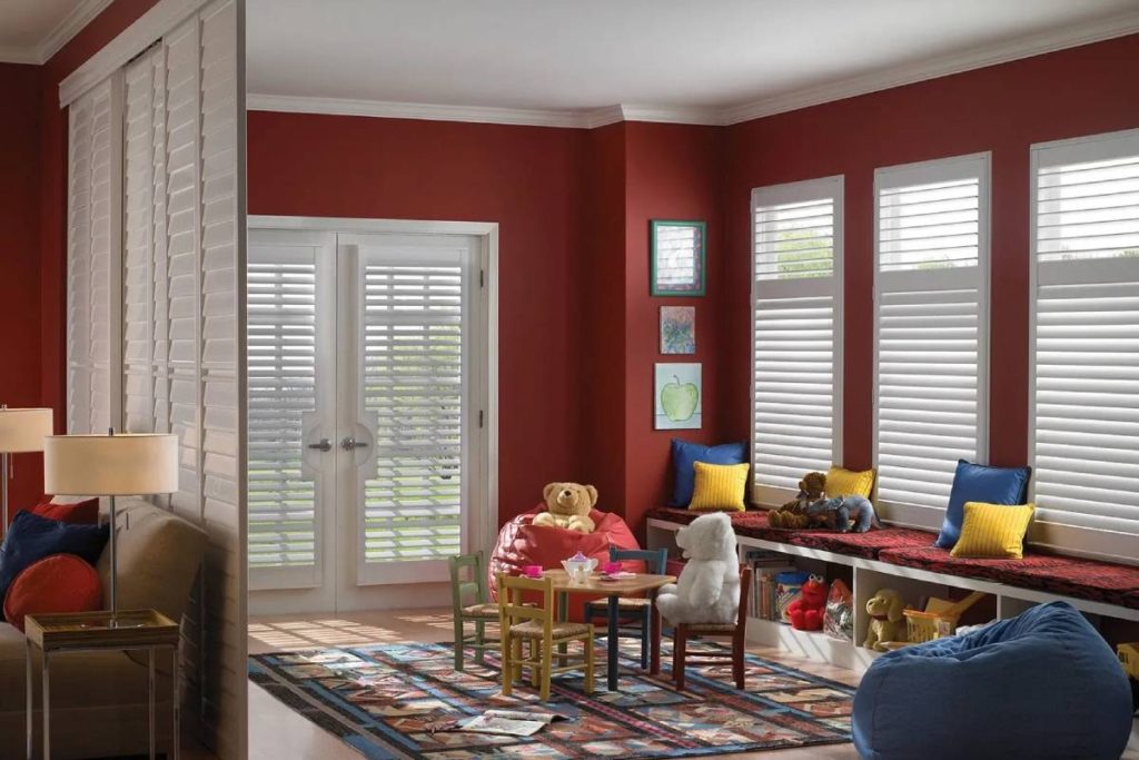 Alta® shutters filtering light in a playroom near White Rock & South Surrey, B.C.